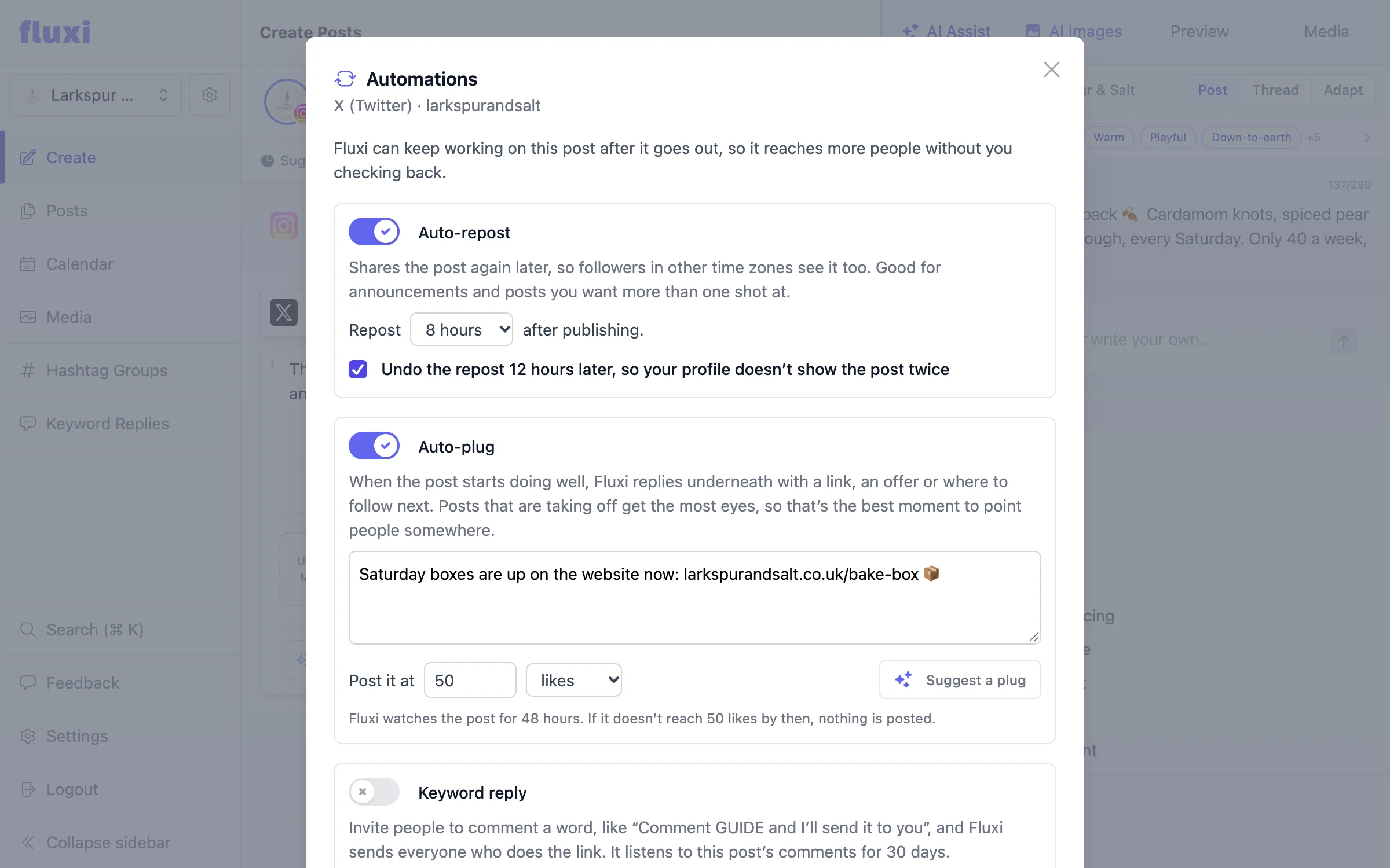 The Automations dialog for an X post, with auto-repost set to eight hours and undone twelve hours later, and an auto-plug linking to the bake box page once the post reaches 50 likes