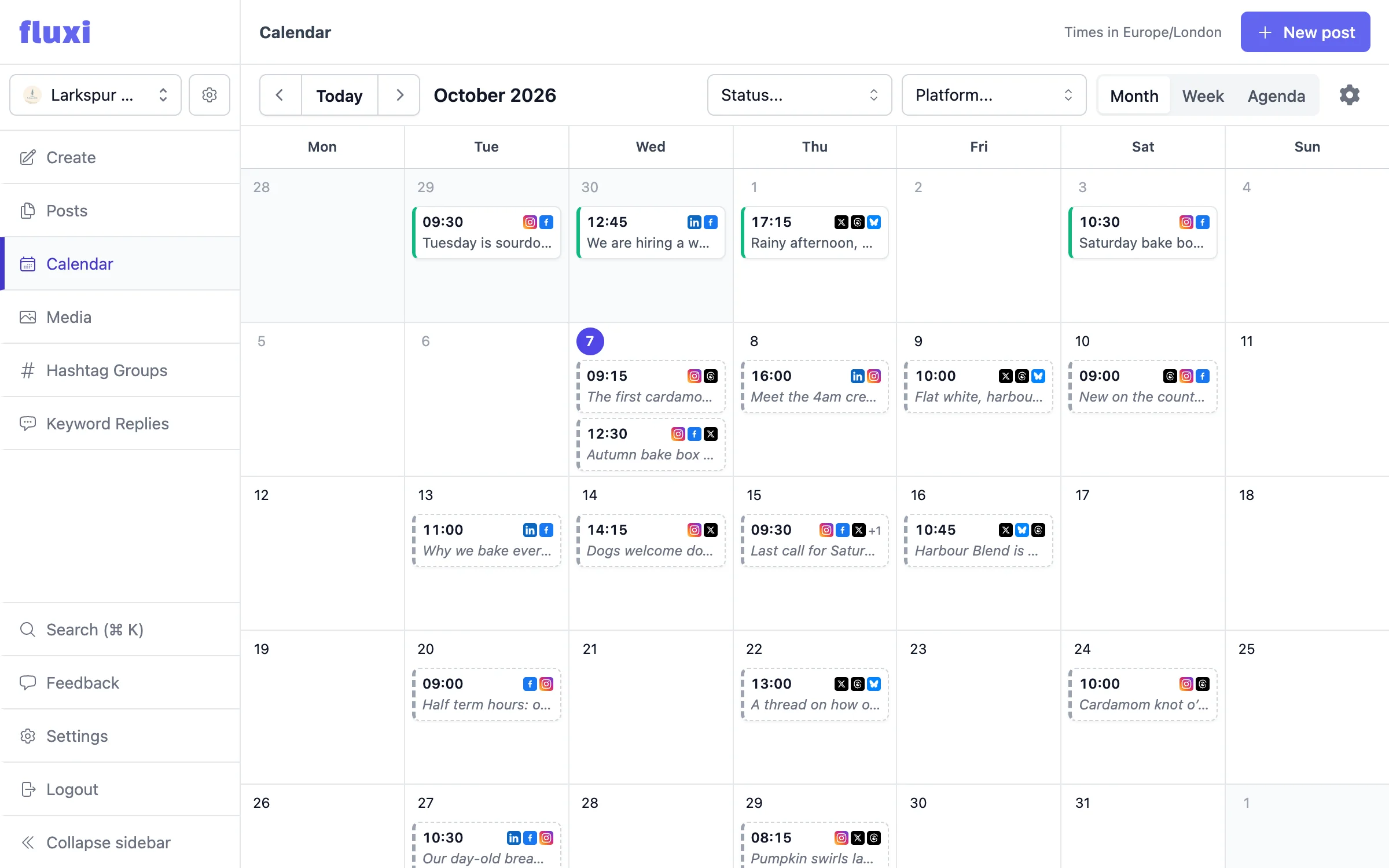 The Fluxi content calendar in month view, with posts across every network and the month, week and agenda switcher