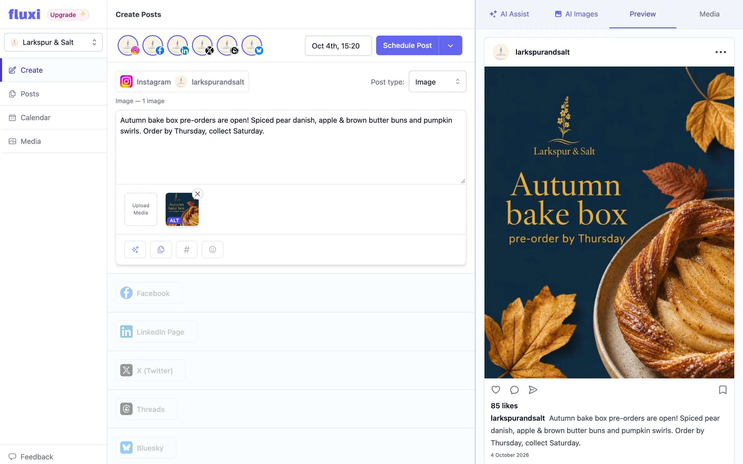 The Fluxi composer with an Instagram post drafted, one section per connected network, and the Instagram preview beside it