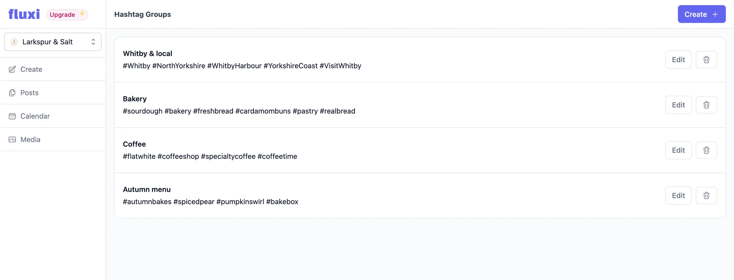 Saved hashtag groups in Fluxi, ready to insert into a post