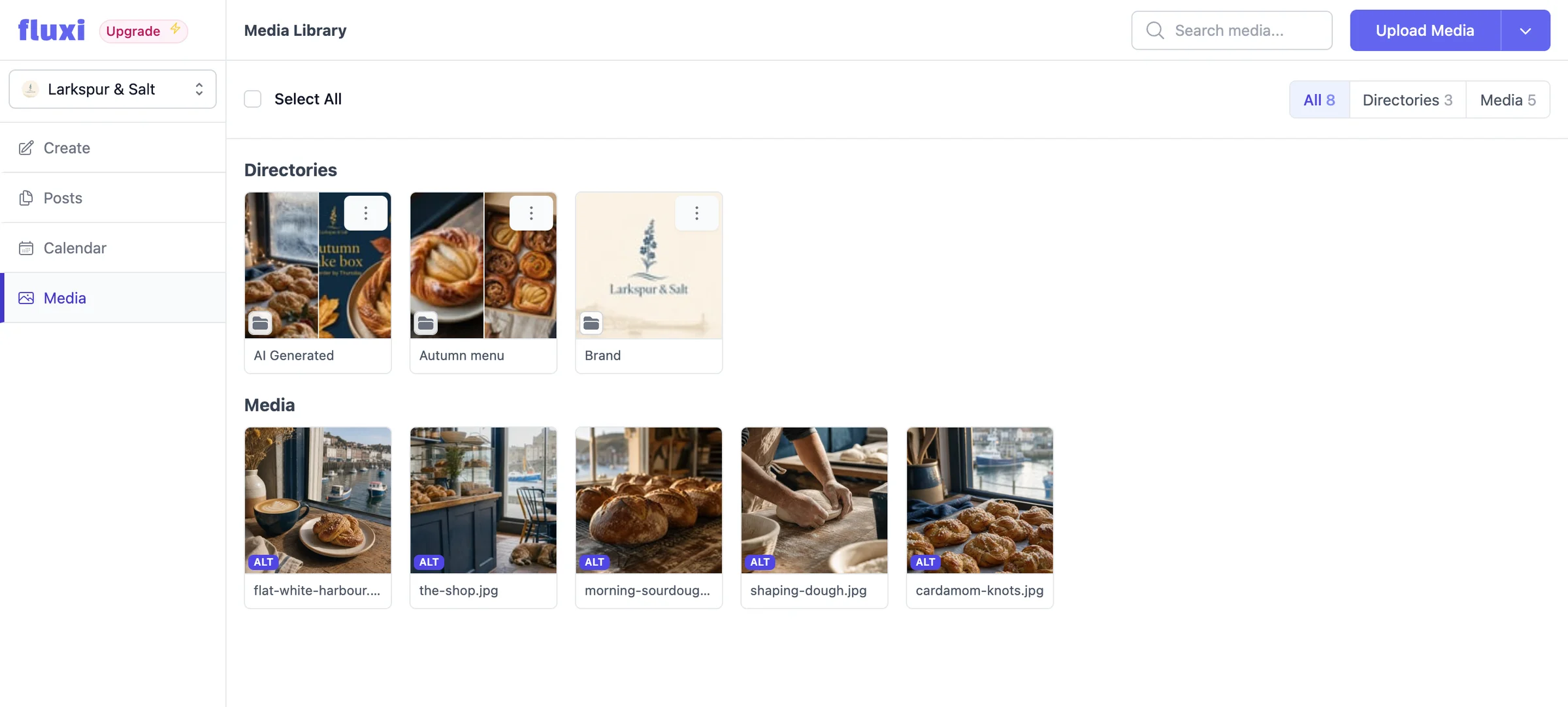 The Fluxi media library showing folders of client assets