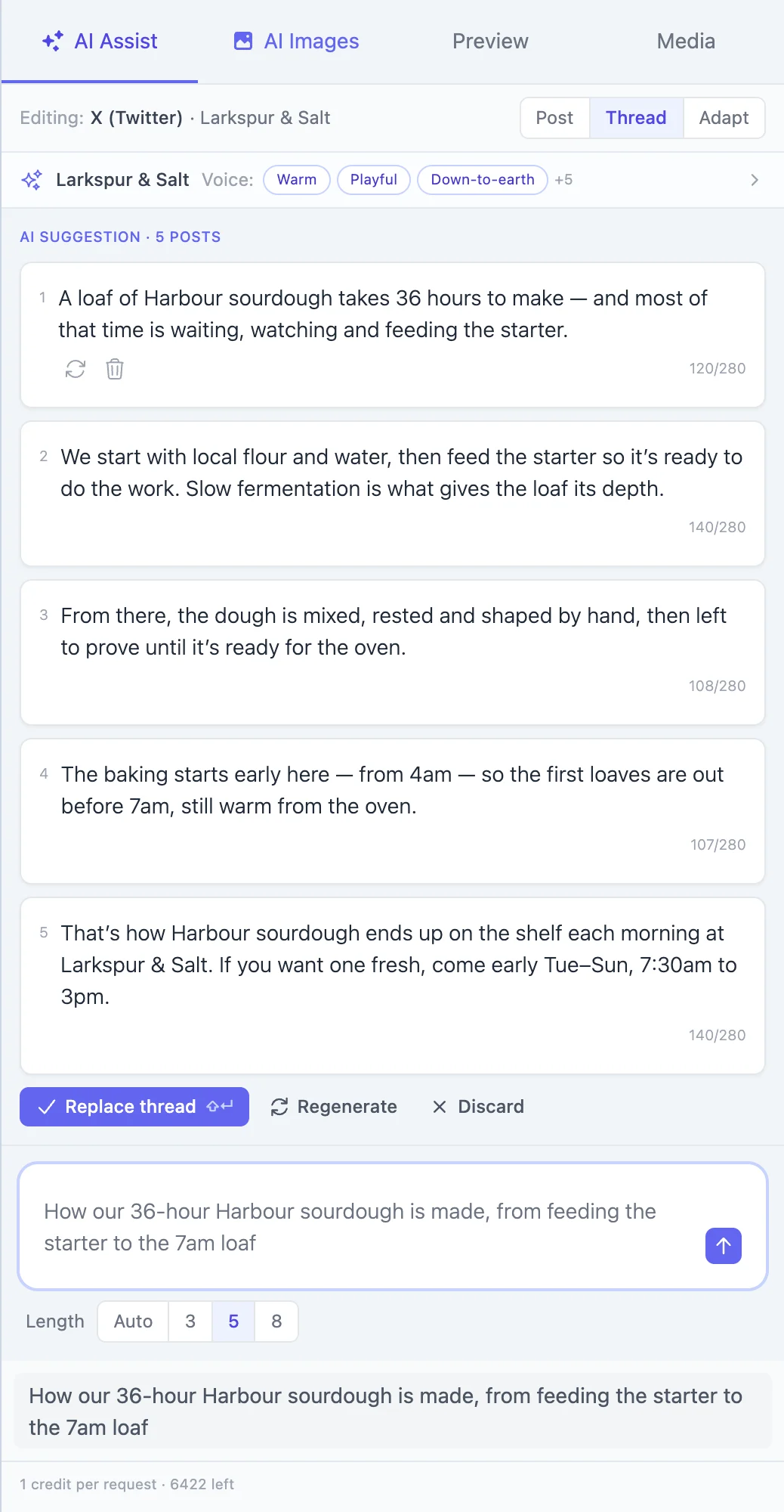 A five-post X thread written by AI Assist about how sourdough is made