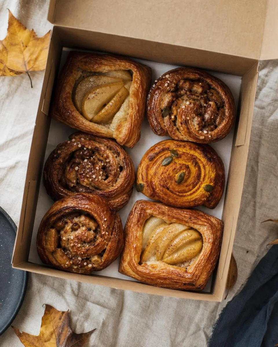 An open box of six autumn pastries