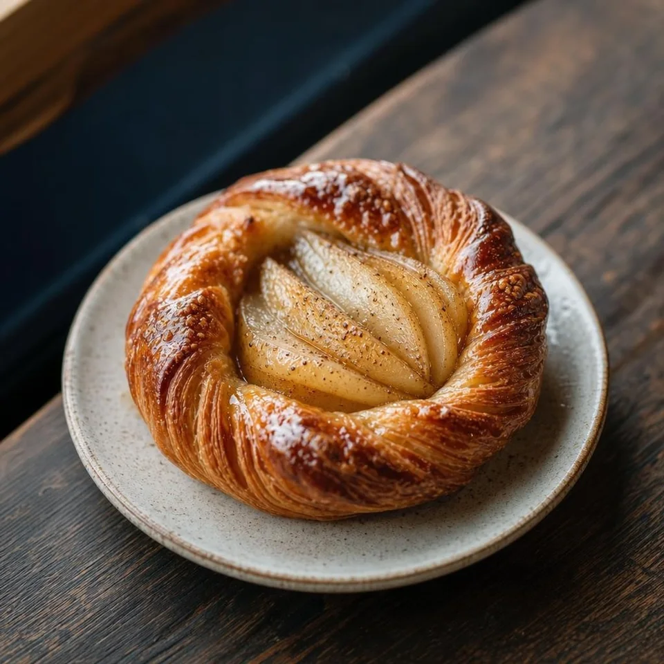 A spiced pear danish on a ceramic plate