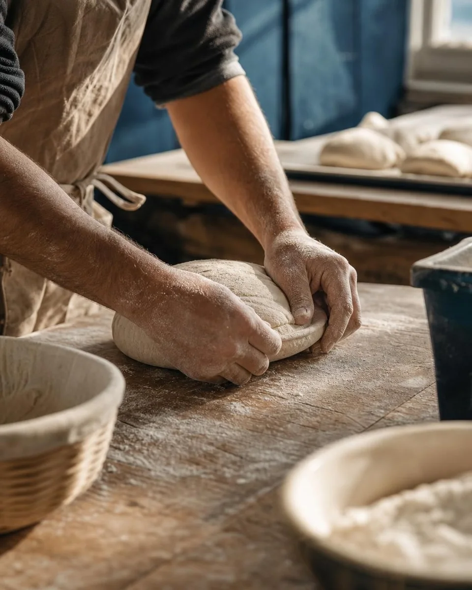 A baker’s floury hands shaping dough